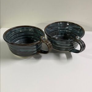 KENT FOLLETTE POTERY Set/2 Handcrafted Blue Soup Mugs Hand Thrown Earthenware